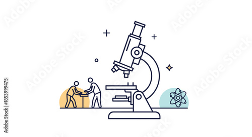 Scientific research concept featuring a large microscope with small scientists conducting experiments in a laboratory.
