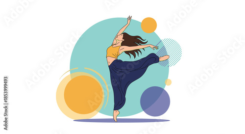 Young woman dancing gracefully in loose clothing against a vibrant blue and orange circular background illustration.