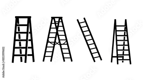 Black Ladder Silhouette Vector Showing Closed Open Leaning and Folded Positions
