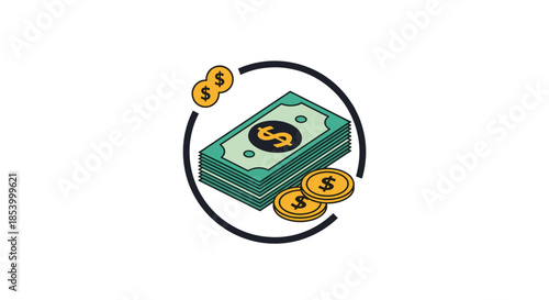 Currency icon showing a stack of dollar bills and golden coins enclosed in a dark circular frame vector graphic.