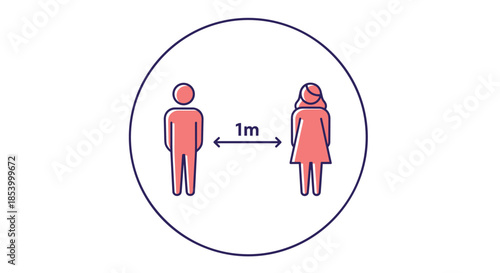 Man and woman silhouettes separated by a one meter distance arrow within a circular frame for pandemic guidance.