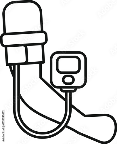 Arm wearing blood pressure monitor cuff on white background