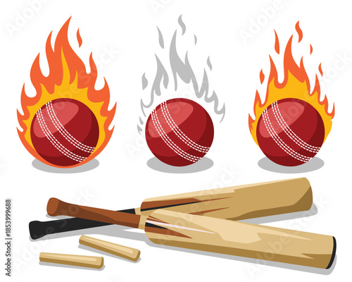 Fiery Cricket Balls And Wooden Bats Depicting Game Equipment Showcasing Sporty Theme For Team Activity And Outdoor Recreation Vector Graphic