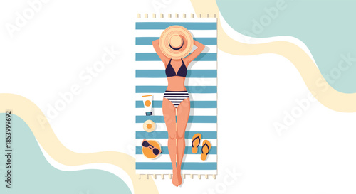Top down view of a woman in a striped bikini sunbathing on a blue beach towel on the sand with vacation accessories.