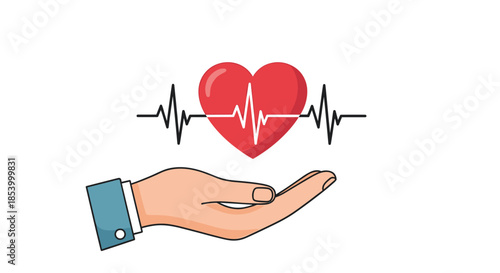 Human hand holding a red heart with an electrocardiogram pulse line indicating health care and cardiac monitoring.