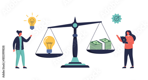 Balance scale comparing a bright light bulb symbolizing an idea with a large stack of money for value assessment.