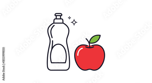 Cleaning illustration with a bottle of dish soap standing next to a fresh red apple indicating food safety.