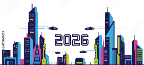 Futuristic city skyline with flying cars and year 2026