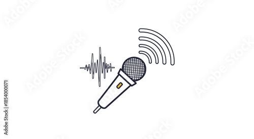 Professional microphone icon with sound waves and signal strength bars represents broadcasting, podcasting, or voice recording.