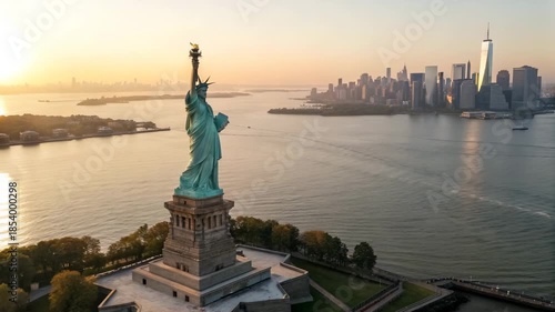 Aerial View of Statue of Liberty with NYC Skyline at Sunset, Liberty Island, New York Harbor...