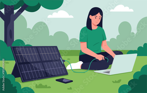 A young Asian woman enjoys working outdoors, charging her laptop with a solar panel. A bright, modern illustration promotes a sustainable future.