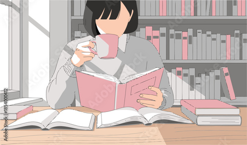 A young Asian woman enjoys a quiet moment reading a book with a cup of tea, surrounded by books in a cozy library setting.  Warm, inviting, and mindful.