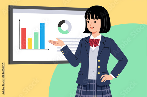 A young Asian student presents a chart, demonstrating data analysis skills. Professional attire and clear visuals convey confidence and knowledge. Bright, modern classroom setting.