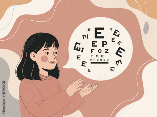 A smiling young Asian woman examines an eye chart, symbolizing a bright future in optometry. Modern illustration with soft colors and a playful design.