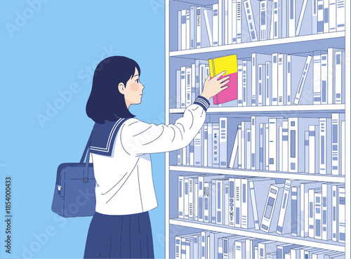 A young Asian woman selects a book in a library, conveying a sense of discovery and open possibilities. Clean lines and soft colors create a modern, inviting aesthetic.