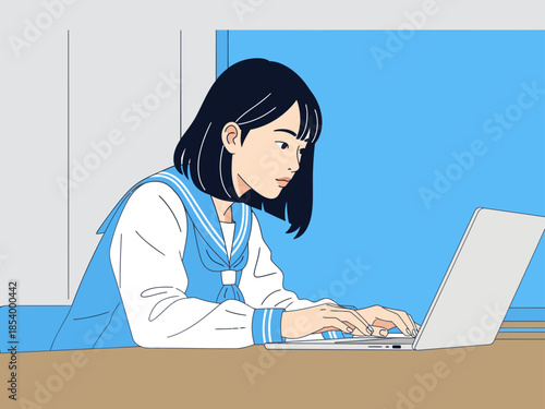 A young Asian woman studies intently on a laptop in a classroom setting. She wears a school uniform and focuses on her work. Modern illustration style.