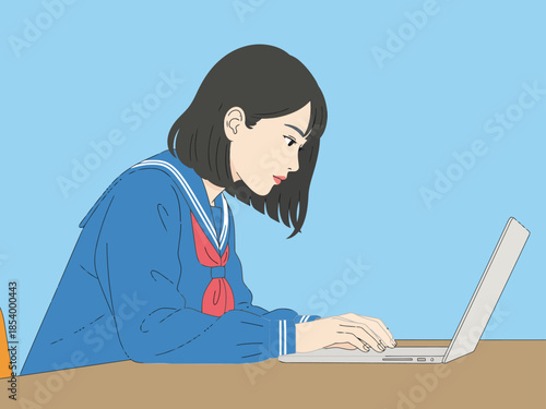 A young Asian woman studies intently on a laptop in a modern setting. She wears a school uniform and focuses on her work. Clean, bright, and professional.