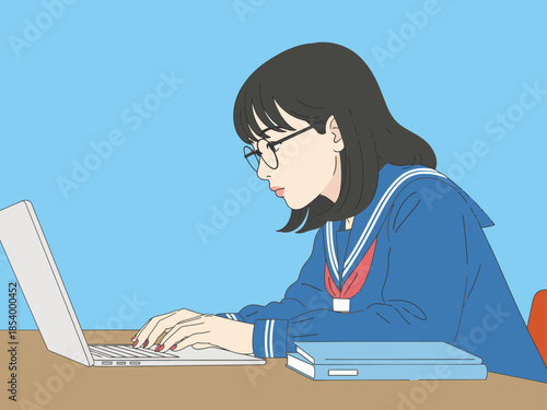 A young Asian woman studies intently on a laptop, wearing a school uniform. Focused and determined, she embodies learning and growth. Modern illustration style.