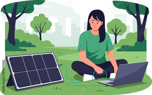 A young Asian woman sits outdoors, powering her laptop with a solar panel. She?s relaxed and focused, showcasing sustainable technology and a bright future. Power your future!