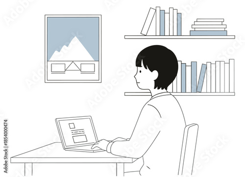 A young Asian woman works on a laptop at a desk with bookshelves and a framed mountain photo. She?s focused and professional, creating a productive workspace.