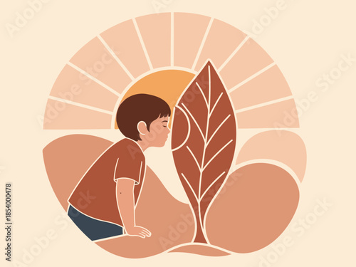 A young boy explores a leaf, symbolizing discovery. Soft colors and a warm, inviting illustration. Perfect for educational or inspirational content.