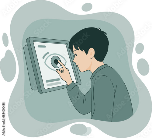 A young boy interacts with a touchscreen display, focused and engaged. Modern, digital interface. Clean, illustrative style.