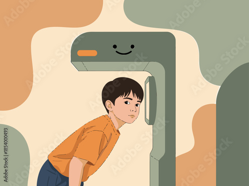 A young boy peers through a smiling, futuristic robot. Warm colors and a playful illustration style create a cheerful, inviting scene. Sunny Sight Ahead.