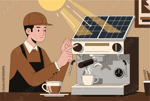 A smiling barista operates a solar-powered espresso machine, enjoying a cup of coffee. A modern, inviting scene showcasing sustainable coffee brewing. Brewed by Sun.