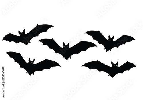 Multiple black bat silhouettes flying against a pristine white background as a versatile graphic element