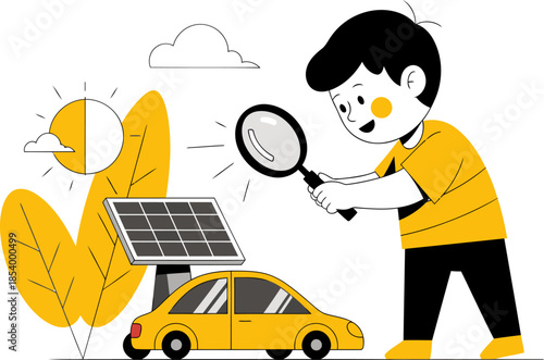 A young boy examines a solar panel car with a magnifying glass, symbolizing sustainable learning. Bright, cheerful illustration with a focus on renewable energy.