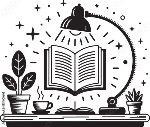 Cozy reading nook illustration with open book lamp coffee plant and succulent black and white line art style