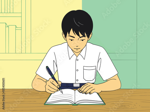A focused young Asian boy studies diligently, writing in a notebook. He wears a school uniform, suggesting education and learning. A bright, clean background emphasizes concentration.