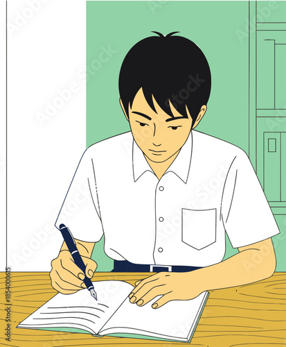 A focused young Asian student diligently writes in a notebook at a desk.  Illustrative style, emphasizing knowledge and potential. Clean, modern aesthetic.