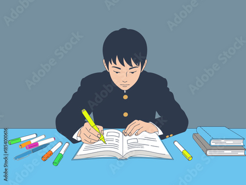 A focused young student diligently studies with colored pencils and books. A clean, modern workspace highlights his dedication. Bright, professional illustration.