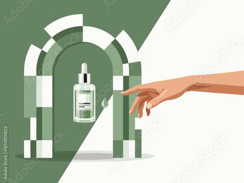 A hand delicately drops serum from a futuristic bottle into a stylized archway. Modern skincare concept, clean design, vibrant green and white tones.