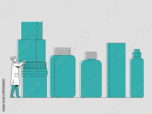 A healthcare professional carefully arranges pharmaceutical bottles, showcasing precision and care. Modern, teal tones and a clean, minimalist style.