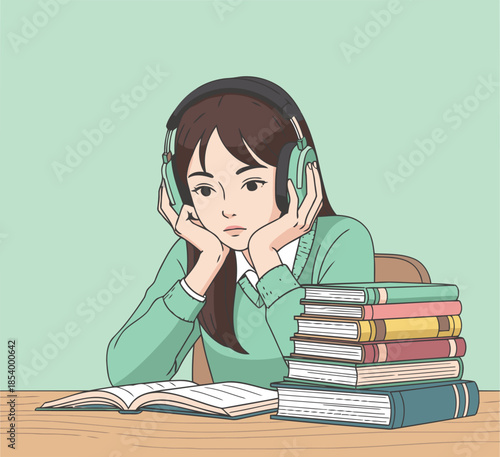 A focused young woman studies with books and headphones, immersed in her goals. A serene study scene with a calm, productive atmosphere.