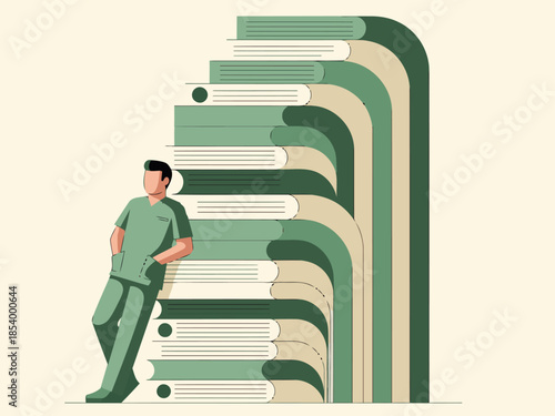 A healthcare professional leans against a stack of books, symbolizing data-driven care. Modern illustration with a soft, green palette.