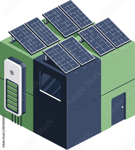 Isometric illustration of a green building with solar panels and battery storage. Clean energy concept, modern design, bright colors. Ideal for sustainability and renewable energy visuals.