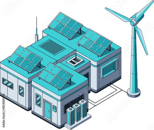 Isometric illustration of a modern, independent clean power facility featuring solar panels and a wind turbine. Clean, bright, and visually appealing for commercial use.