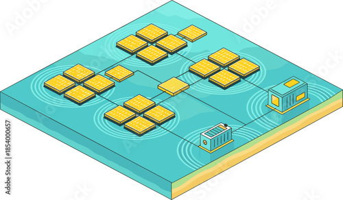 An isometric illustration showcases a floating solar array generating power over water. A control building is visible. Modern, clean design, ideal for tech and sustainability concepts.