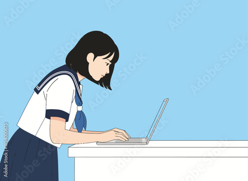 A Japanese schoolgirl intently studies a laptop, showcasing dedication and learning. Clean, modern aesthetic with a bright blue background. Focus on education and technology.