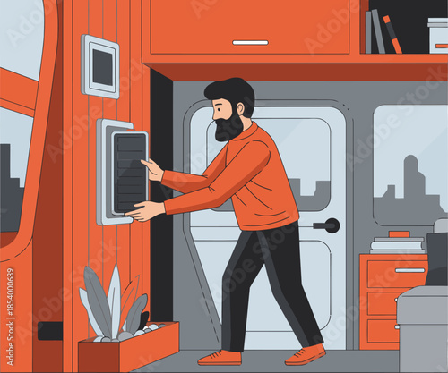 A man adjusts a control panel in his off-grid van, showcasing a modern, minimalist living space. Warm orange tones and a focus on self-sufficiency.
