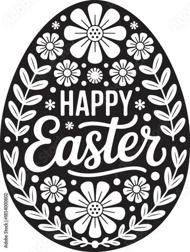 Happy Easter greeting egg shape with floral ornaments and leaves in black and white for holiday card and spring celebration