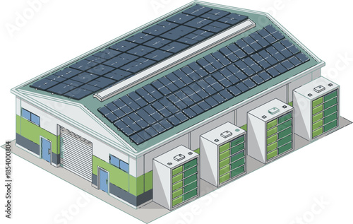 Modern industrial building with solar panels and storage units. Net zero design, showcasing sustainable architecture. Clean, bright, and professional.