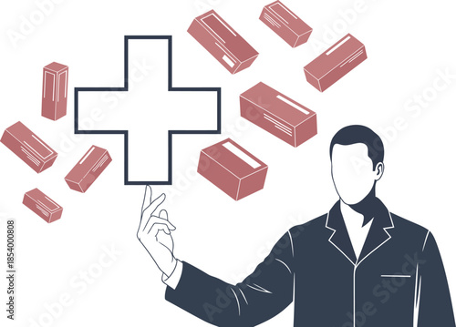 A professional man balances health and wellness, surrounded by medication boxes and a prominent plus sign. Modern, balanced lifestyle concept.