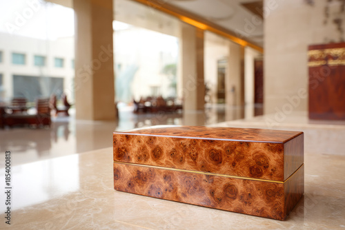 Burl wood veneer jewelry box, luxury handcrafted container, elegant design, polished finish, gold accent, rectangular shape, placed on marble table in modern lobby
