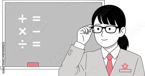 A professional woman in glasses thoughtfully considers mathematical equations on a chalkboard. A clean, modern illustration style emphasizes problem-solving and intelligence.