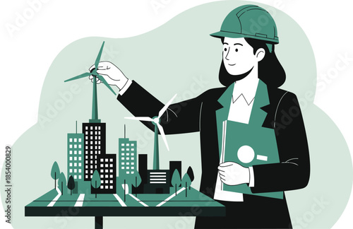 A professional woman examines a city model with a wind turbine, symbolizing sustainable development. Modern illustration style.
