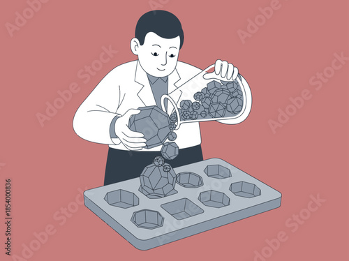 A male scientist carefully pours geometric sugar crystals into a silicone mold on a baking sheet. Detailed illustration, clean lines, pastel colors.